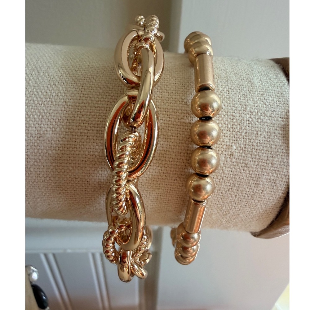 Gold Chunky Link and Beaded Stretch Bracelet Set OS‎